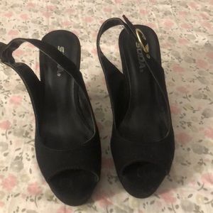Black open back, open toe wedges